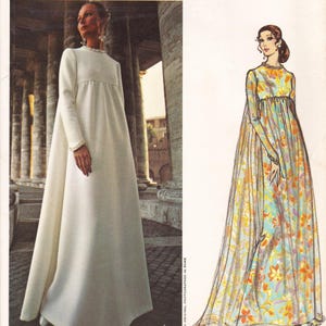 May include: A vintage fashion image featuring two long dresses. The first is a white, floor-length gown with long sleeves and a high neckline. The second is a colorful illustration of a long dress with a floral pattern in shades of yellow, orange, and blue.