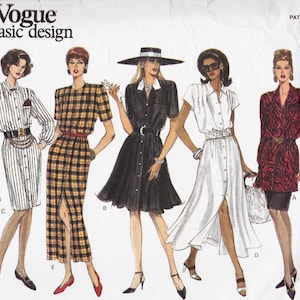 May include: A Vogue Basic Design sewing pattern envelope featuring illustrations of five different dress styles. The designs include a white pinstripe dress, a yellow and black plaid dress, a black dress with a white collar, a white shirt dress, and a red and black animal print dress.