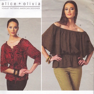 May include: A Vogue Patterns sewing pattern featuring two blouse designs. One is a red and black patterned top with a tie-front. The other is a brown off-the-shoulder top with a gathered neckline and elastic waist. The pattern is by Alice + Olivia.