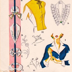 May include: Vintage fashion illustration featuring various collar designs and a yellow top. The collars include a bow, embroidered details, and ruffled edges. A woman in a blue blazer with a white collar and cuffs is also shown.