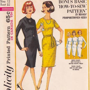 May include: Vintage sewing pattern featuring illustrations of two women in dresses. One woman wears a black long-sleeve dress, and the other a yellow short-sleeve dress. The pattern includes instructions for a better fitting dress and how to join a skirt to a bodice.
