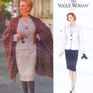 May include: A vintage fashion illustration featuring a woman in a plaid suit with a matching overcoat. The suit includes a blazer and pencil skirt. The illustration on the right shows a white blazer and a black skirt. The text "the VOGUE WOMAN" is at the top.