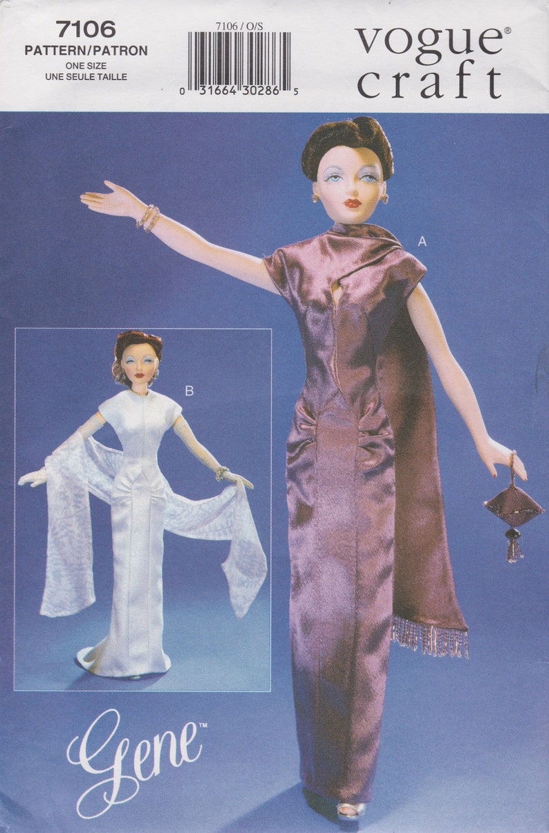 Vogue Craft 7106 Vintage Gene Fashion Doll Sewing Pattern 1940s Style Dress Gown Stole Gloves Evening Bag Unused image 1