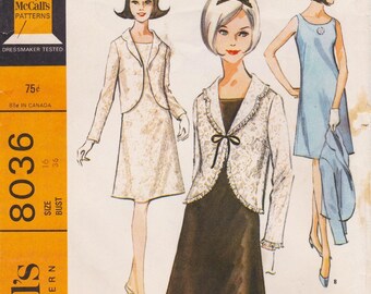 McCalls 8036, Vintage 1960s Sewing Pattern, Dress & Jacket, Size 16, Bust 36, Unused