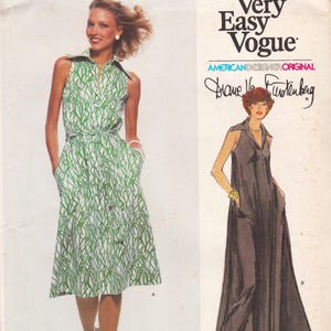 May include: A vintage sewing pattern cover featuring a woman in a sleeveless green and white patterned dress with a matching belt. The text "Very Easy Vogue" and "American Designer Original Diane Von Furstenberg" are also visible.