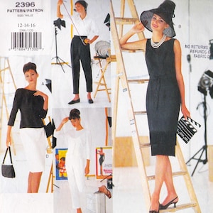 May include: A vintage sewing pattern showcasing various fashion designs. The pattern includes a black dress with a fringed hem, a white skirt and top, and a white trouser suit. The pattern size is 12-14-16.