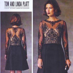 May include: A black dress with a sheer lace bodice and long sleeves. The dress features intricate floral lace detailing and a solid black skirt. The text "TOM AND LINDA PLATT" and "VOGUE PATTERNS AMERICAN DESIGNER" are visible at the top.