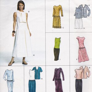 May include: A sewing pattern illustration featuring various garment designs including a white sleeveless dress, a yellow patterned dress, striped tops, a green tank, a pink floral dress, and several long-sleeved tops and skirts in blue, purple, and black.