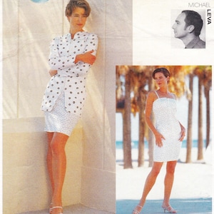 May include: Two women modeling white dresses with black polka dots. One dress is a blazer and skirt set, the other is a spaghetti strap dress. The background includes palm trees and a beach.