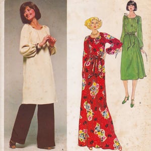 May include: Vintage fashion illustration featuring a woman in a cream-colored dress and brown pants. A red floral print dress and a green dress are also shown. The image showcases 1970s style clothing, with long sleeves and flowing silhouettes.