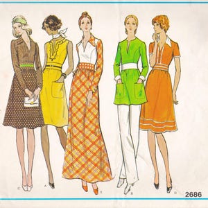 May include: Vintage sewing pattern featuring five women's fashion designs. The designs include dresses, a tunic with pants, and a long dress, each with unique details like pockets, patterns, and contrasting colors. The pattern number 2686 is visible in the bottom right corner.