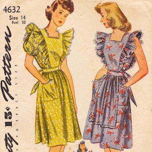 May include: A vintage sewing pattern envelope labelled 4632, Size 14, Bust 32, featuring illustrations of two aprons. One is yellow with a white pattern, the other is blue with a red bow print. Both aprons have square necklines and ruffled sleeves.