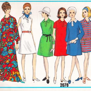 May include: Illustration of six women wearing vintage dresses. The dresses are in various colors, including red, white, green, and blue, with different styles and patterns. The image has the number "2078" at the bottom.