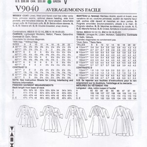Vogue 9040, Basic Design Sewing Pattern, Coat, Sizes 6 8 10 12 14 ...