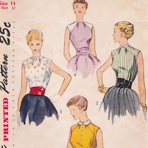 May include: Vintage sewing pattern featuring illustrations of four different dresses. The pattern includes a size 14 with a 32-inch bust measurement. The text "PRINTED Pattern 25c" is visible on the left side of the image.