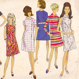 May include: Illustration of five vintage dresses in various styles and patterns. The dresses include a colorful swirl pattern, a white and pink plaid, a solid blue dress, a striped dress, and a floral print dress. Each dress is paired with matching shoes.