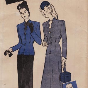 May include: A vintage fashion illustration featuring two outfits. One consists of a bright blue jacket with scalloped edges and a black skirt. The other is a dark blue jacket with matching scalloped edges and a long skirt, paired with a small box handbag.