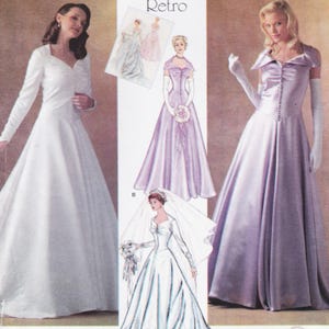May include: A sewing pattern envelope featuring illustrations and photographs of floor-length gowns with long or cap sleeves, sweetheart or V-necklines, and button-front details. The cover displays the text Retro and includes sketches of bridal attire.