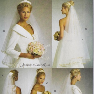 May include: A collection of white bridal veils in various lengths and styles, including options with decorative headpieces and scalloped edges. The images display different views of the veils worn with white garments and floral bouquets.