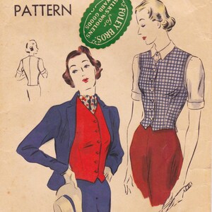 May include: A vintage sewing pattern envelope featuring illustrations of two outfits. One shows a blue blazer over a red vest and a polka dot scarf. The other shows a blue and white checkered vest over a white shirt and red trousers. Text reads PATTERN.
