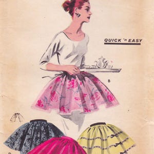 May include: Vintage illustration of a woman wearing a white top and a pink floral skirt. The image includes the text "QUICK 'n EASY" and several skirt designs in different colors.
