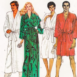 May include: Illustration of four people wearing bathrobes. The robes are white, green with black floral patterns, white, and red. Each robe has a matching belt. The image is a vintage fashion illustration.
