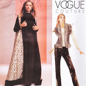 May include: Vogue Couture fashion illustration showing two women's outfits. One model wears a long black coat with a floral lining. The other wears a fur vest over a white top and black trousers. The Vogue Couture logo is at the top.