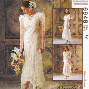 May include: A vintage wedding dress pattern with three dress designs. The main image displays a long-sleeved lace dress with floral details. The pattern includes sizes and is labelled with the number 6948.
