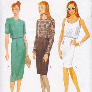 May include: Illustration of three outfits. Outfit A is a green two-piece set. Outfit B is a brown skirt with a patterned top. Outfit C is a white dress with a decorative top. All outfits are for women.