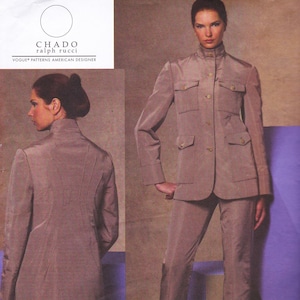 May include: A taupe-coloured suit, comprising a high-collared jacket with multiple pockets and matching trousers. The jacket has gold-coloured buttons. The image includes the text "CHADO ralph rucci" and "VOGUE PATTERNS AMERICAN DESIGNER".