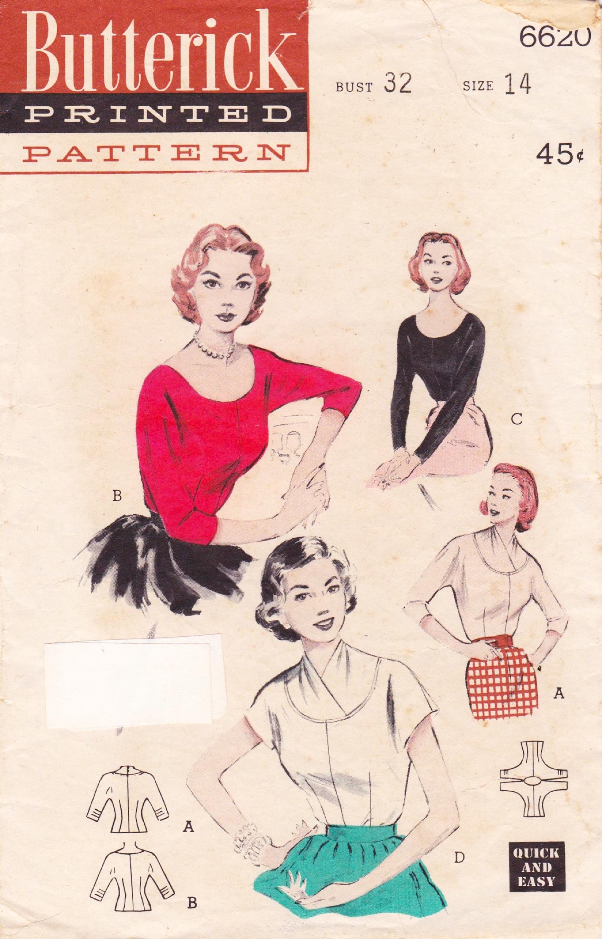 Butterick 6620, Vintage 1950s Sewing Pattern, Blouse, Shirt, Top