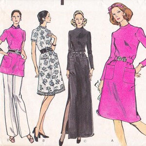 May include: Vintage fashion illustration featuring four women in stylish outfits. The designs include a pink tunic with white pants, a floral print dress, a black maxi dress with a high slit, and a pink dress with a belt and pockets.