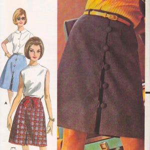 May include: Vintage sewing pattern for a skirt with a button-down front. The pattern is for sizes 24 to 30 and includes instructions for a skirt with a plaid pattern and a solid skirt. The pattern is from Butterick and is number 3656.