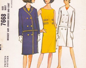 McCalls 7668, Vintage 1960s Sewing Pattern, Dress & Coat, Size 14, Bust 34