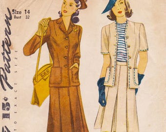 Simplicity 4289 Vintage 1940s Sewing Pattern Skirt Jacket Suit Size 14 Bust 32 Uncut