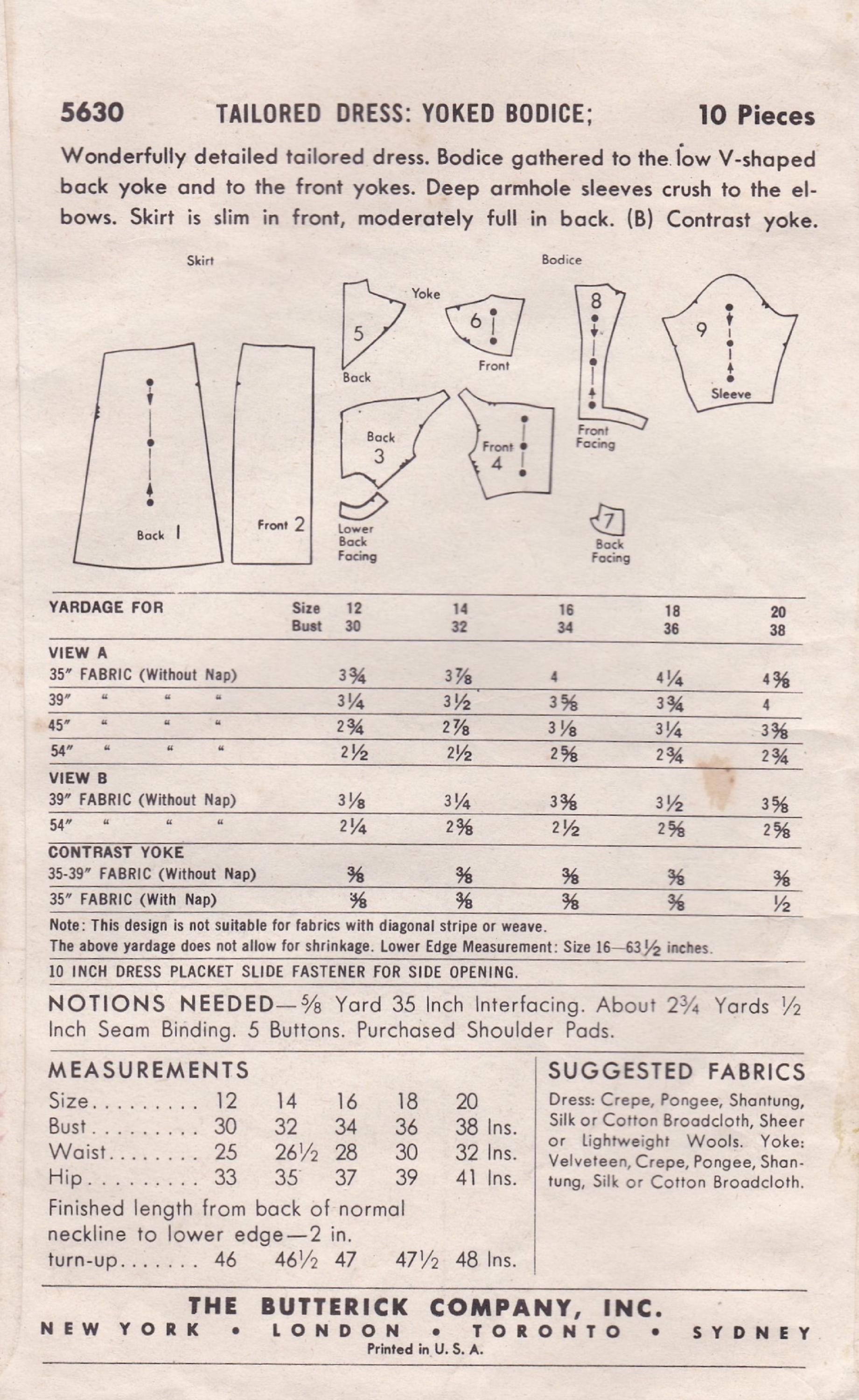 Butterick 5630, Vintage 1950s Sewing Pattern, Dress, Size 14 Bust