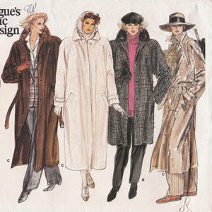 May include: A sewing pattern illustration featuring four distinct coat styles. The first is a brown coat with a fur collar, the second a long cream hooded coat, the third a black and white checkered coat with a pink turtleneck, and the fourth a tan trench coat.