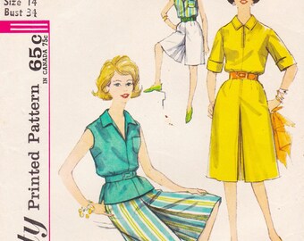 Simplicity 3866, Vintage 1960s Sewing Pattern, Culottes & Blouse, Size 14, Bust 34, Waist 26