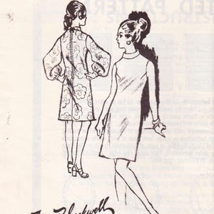 May include: A black and white illustration of two women in dresses. One dress has a floral pattern, the other is plain. The image is a fashion illustration, possibly from a sewing pattern.