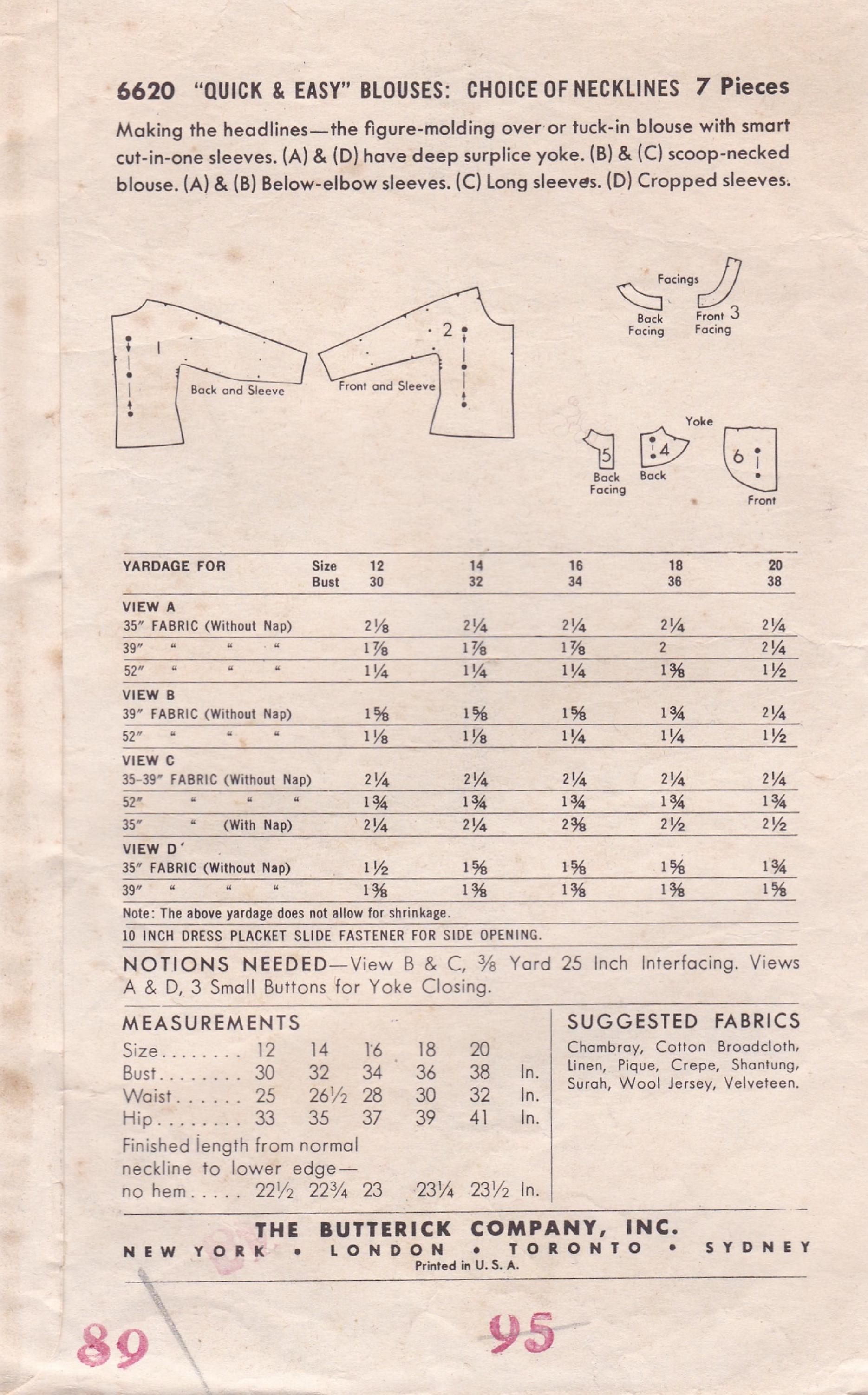 Butterick 6620, Vintage 1950s Sewing Pattern, Blouse, Shirt, Top