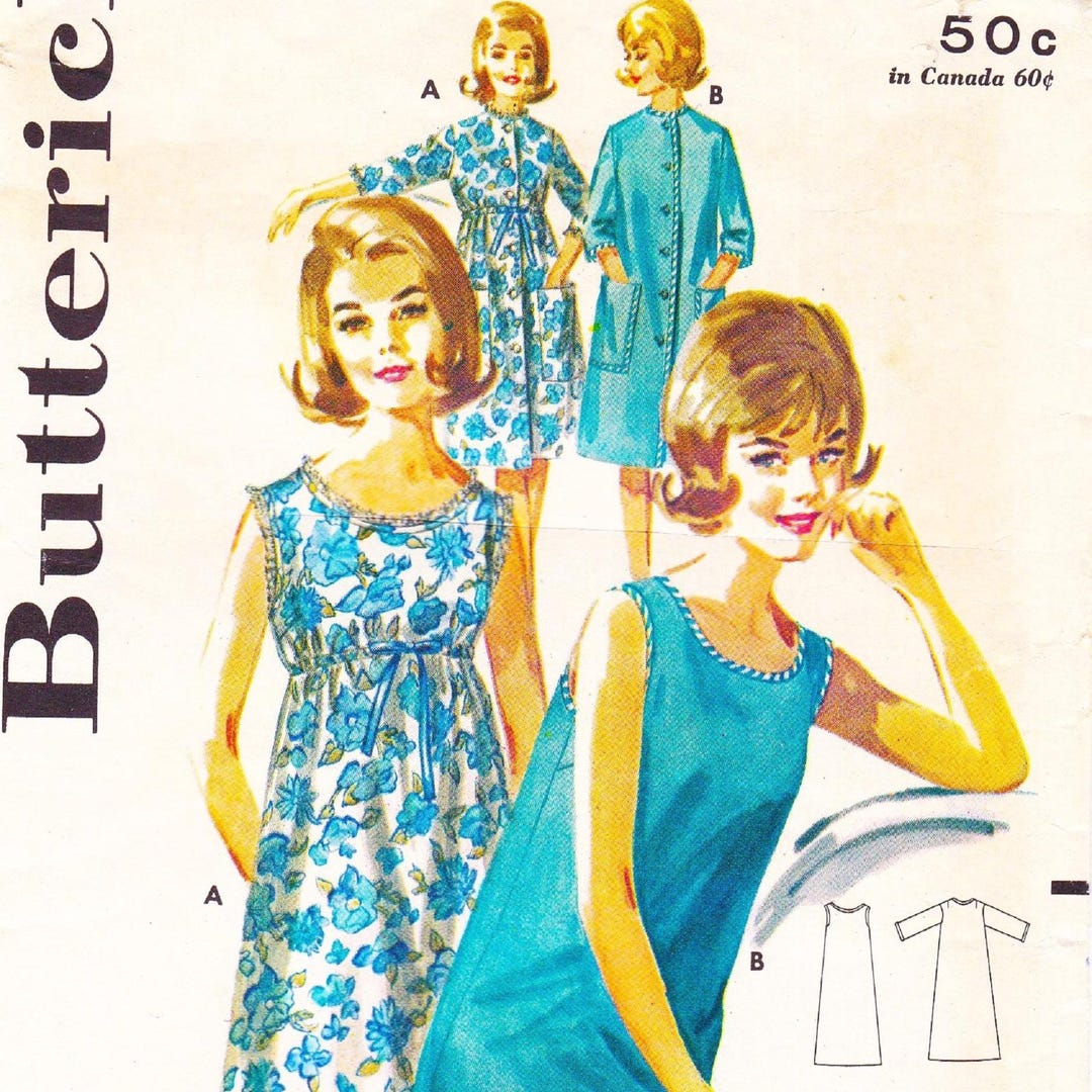 Butterick 2856 Vintage 1960s Sewing Pattern Robe Nightgown Sleepwear ...
