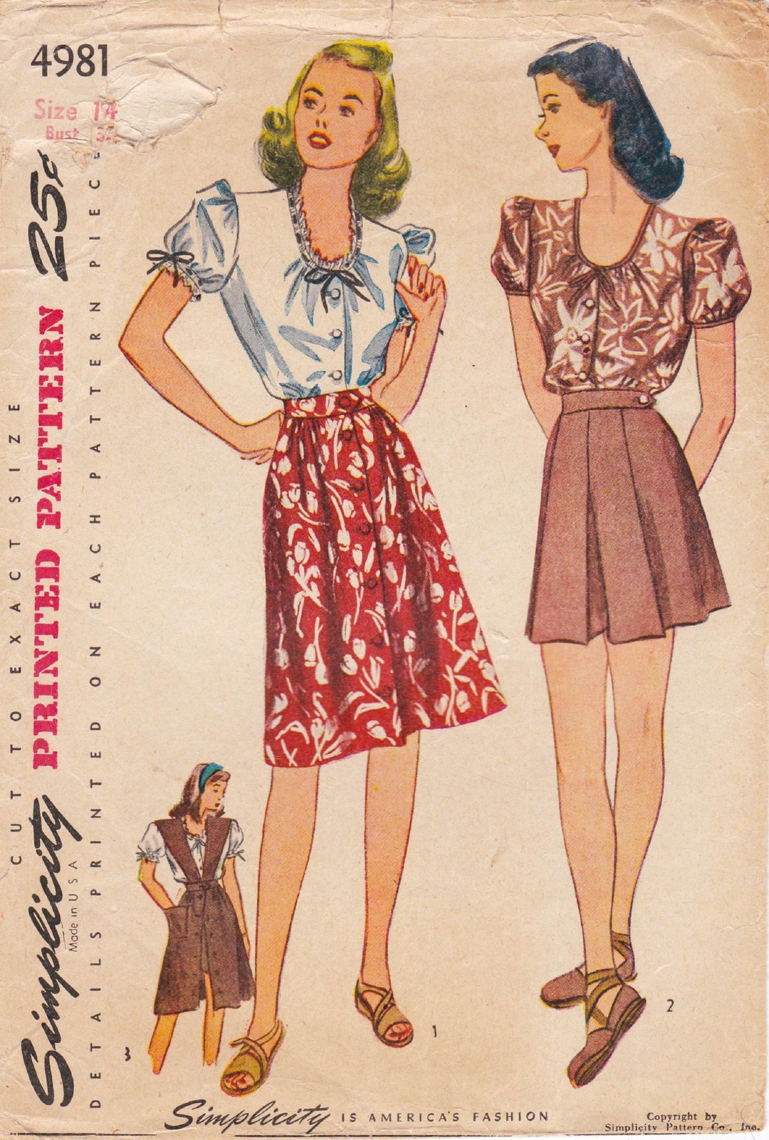 Simplicity 4981 Vintage 1940s Sewing Pattern Skirt Jumper Blouse Shorts ...