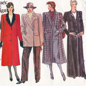 May include: Illustration of four women in vintage fashion. The first woman wears a long red coat with a black collar. The second wears a tan double-breasted coat and brown pants. The third wears a plaid coat and skirt. The fourth wears a long black coat.