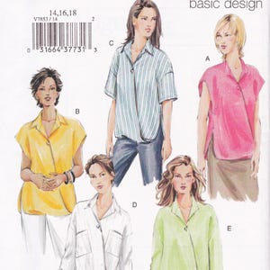 May include: A sewing pattern featuring five different collared shirt designs. The shirts are in various colors, including pink, yellow, green, and white. One shirt has blue and white stripes. The pattern includes the text "basic design" and the numbers "14,16,18" and "V7853/14".