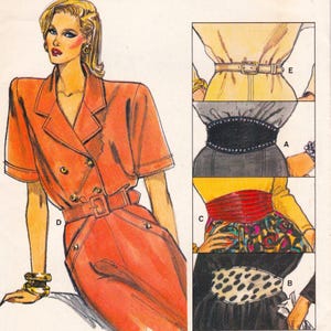 May include: An illustration of a woman wearing a double-breasted orange jumpsuit with a matching belt. The image also shows close-ups of different belts: a brown leather belt, a black studded belt, a red sash, and a leopard print belt.