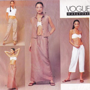 May include: A Vogue Wardrobe fashion layout showcasing various outfits. The outfits include a white crop top with plaid trousers, a vest and skirt set, a white crop top with white capri trousers, and a long skirt with a white crop top. All outfits are worn with sandals.