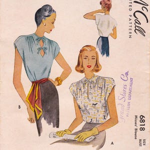 May include: Vintage McCall's Misses' Blouse pattern, featuring illustrations of two different blouse designs. One is a light blue top with a keyhole detail, and the other is a patterned blouse. The pattern number is 6818, size 20, bust 38.