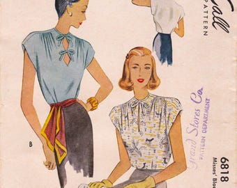 McCall 6818 Vintage 1940s Sewing Pattern Blouse Shirt Top Size 20 Bust 38