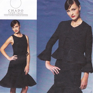 May include: A black dress and a matching black jacket and skirt ensemble. The dress is sleeveless with a flared skirt. The jacket has flared sleeves and a peplum. The text "CHADO RALPH RUCCI" is visible.