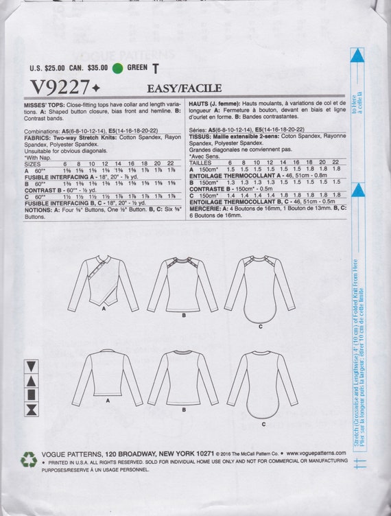 Vogue 9227 Sewing Pattern Blouse Shirt Top Sizes 14 16 18 20 22 Bust 36 38 40 42 44 Unused